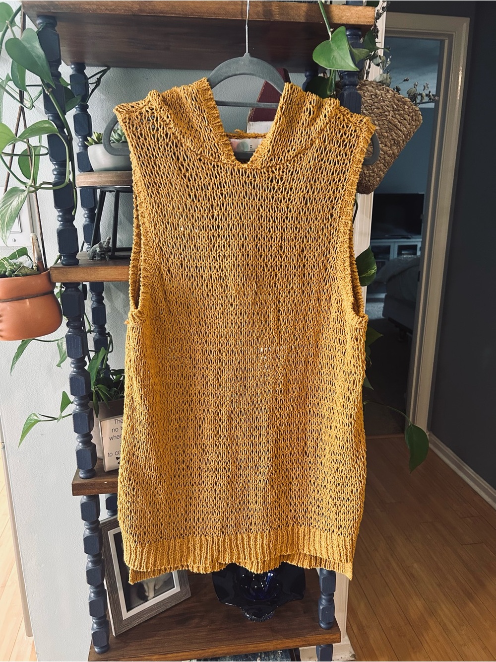 Free People Mustard Yellow Open Knit Sleeveless Sweater Vest